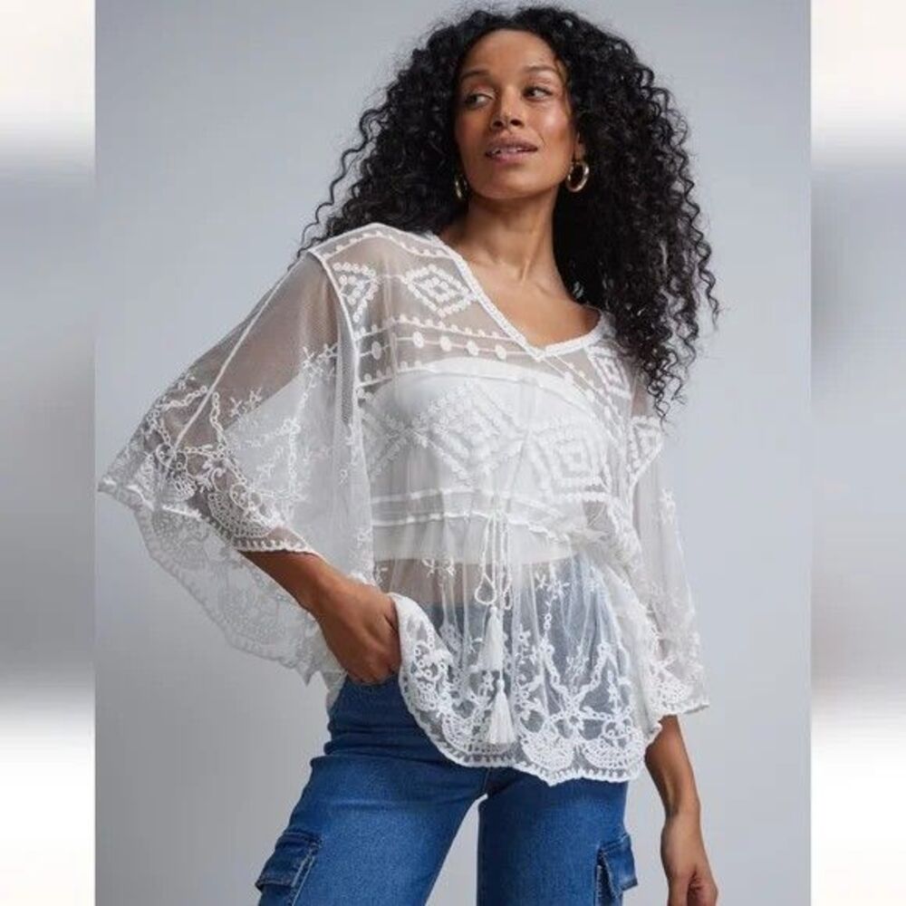 New York & Company Lace Tie-Front Peplum Top Womens Large White Boho Sheer Beach